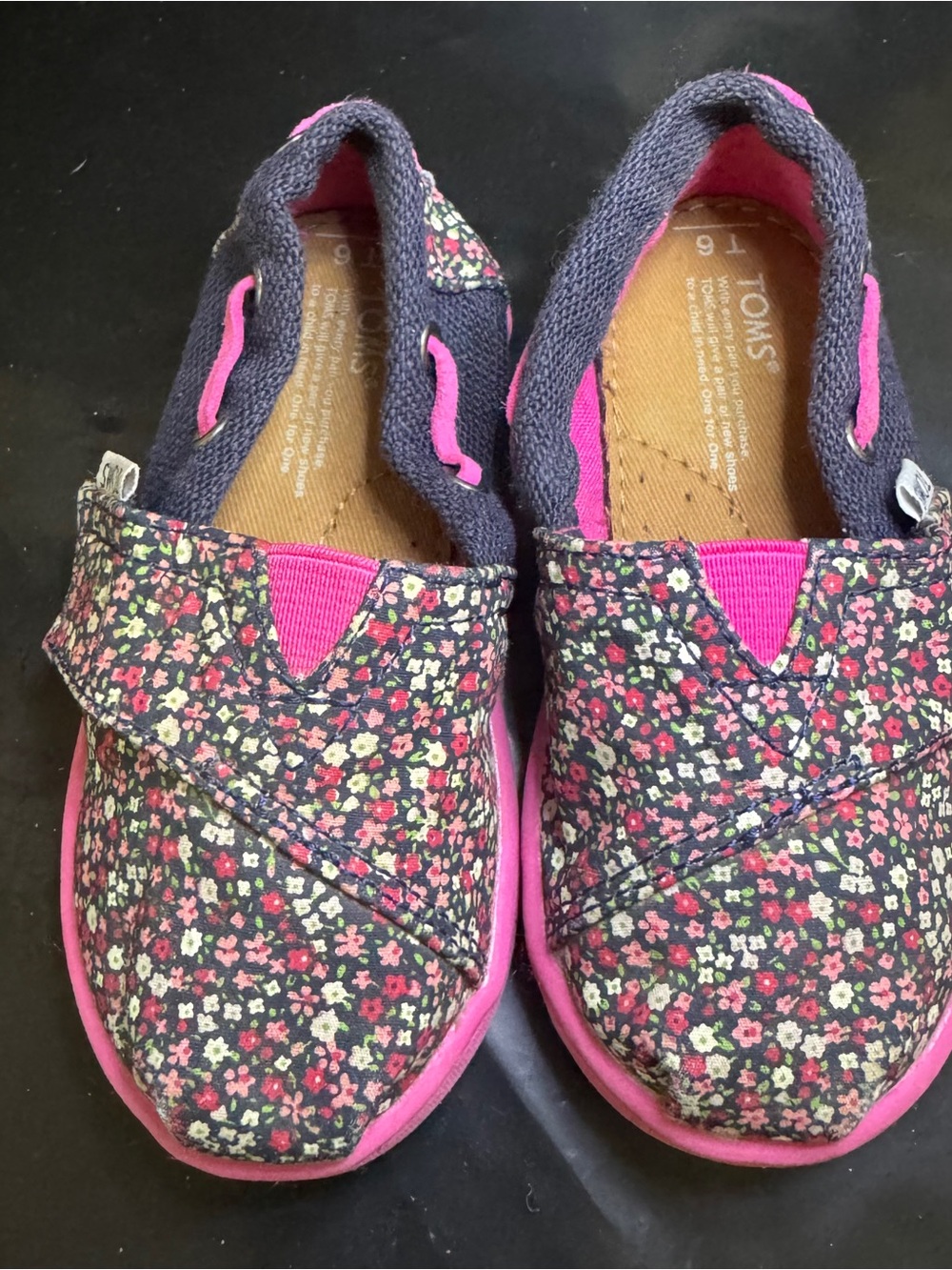 TOMS Baby Girl Navy Floral Slip-Ons with Pink Accents
